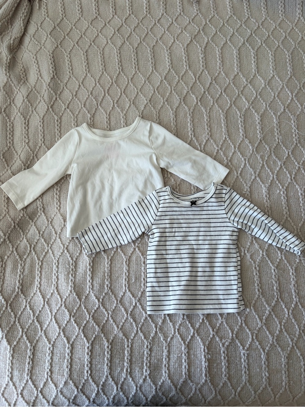 Baby Girl Long-Sleeve Crewneck Tops - White & White/Black Stripe